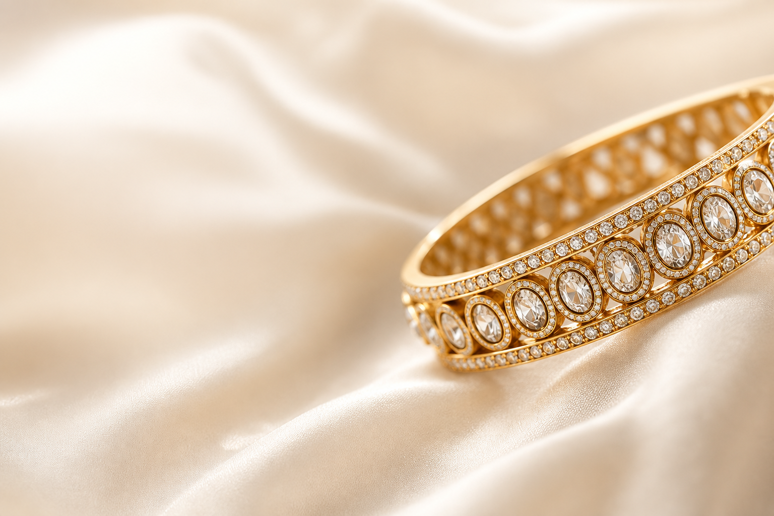 Gold diamond bracelet on ivory silk